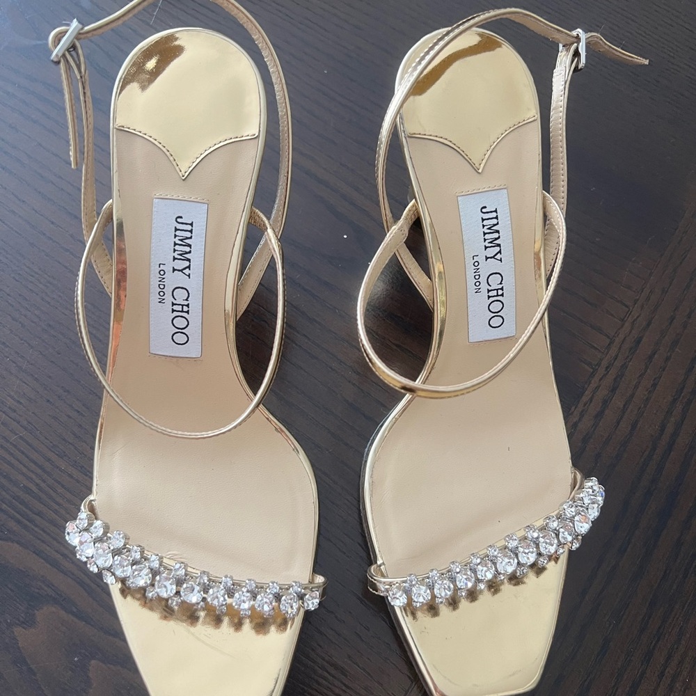 Jimmy Choo Gold Heels with Crystal Embellishments